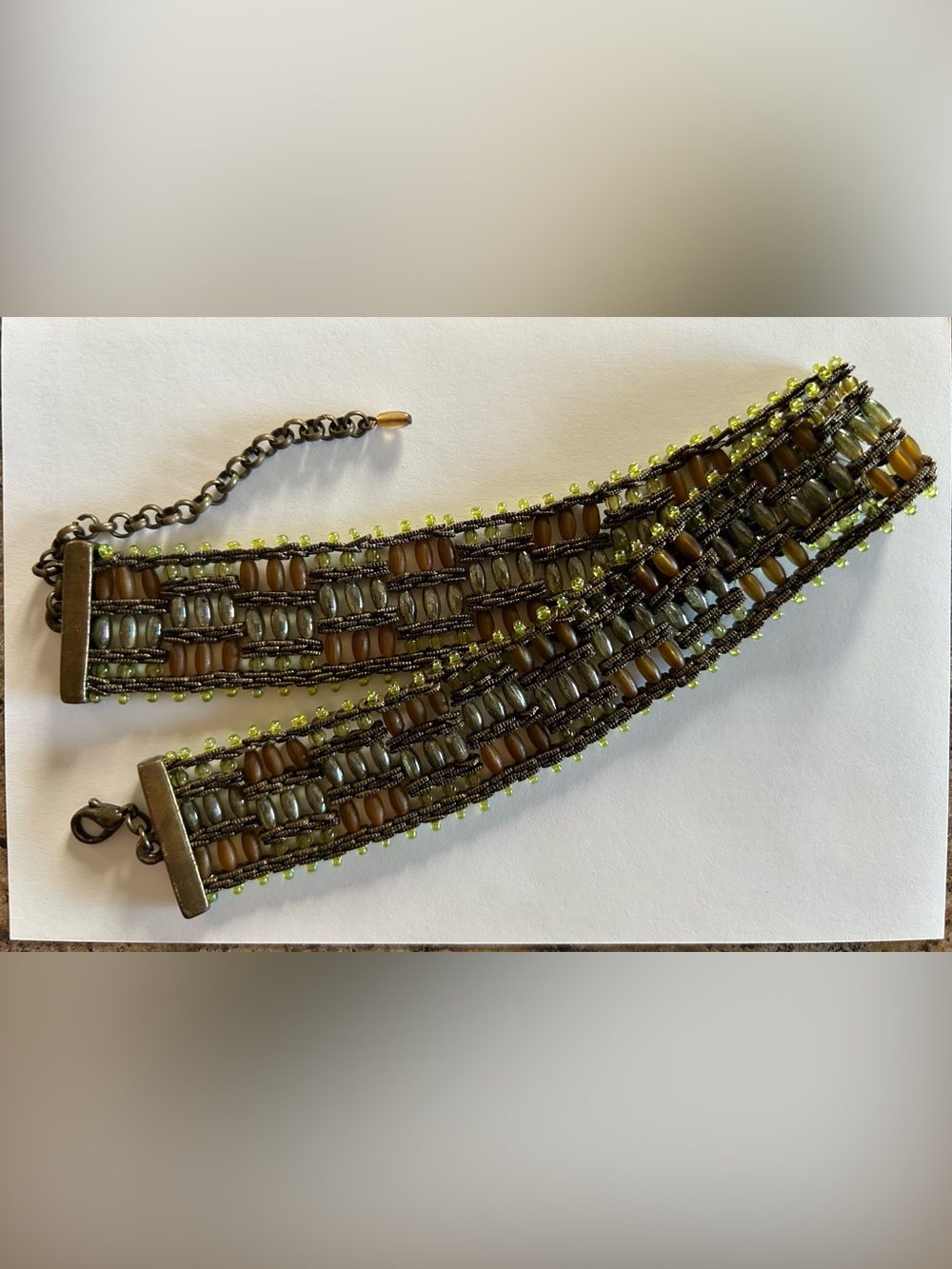 Vintage Boho/Hippie Beaded Choker Necklace in Olive Green & Brown - Picture 3 of 10